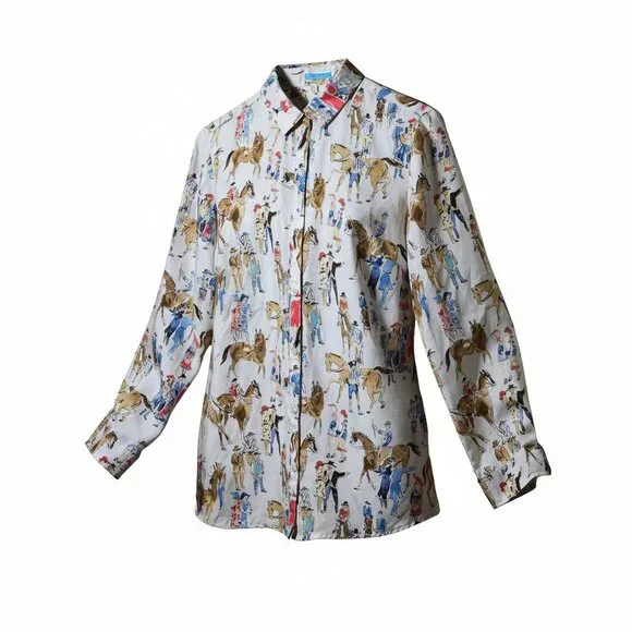 J.McLaughlin 100% Silk Equestrian Horse Print Blouse | Button Down Novelty Shirt - Picture 1 of 9